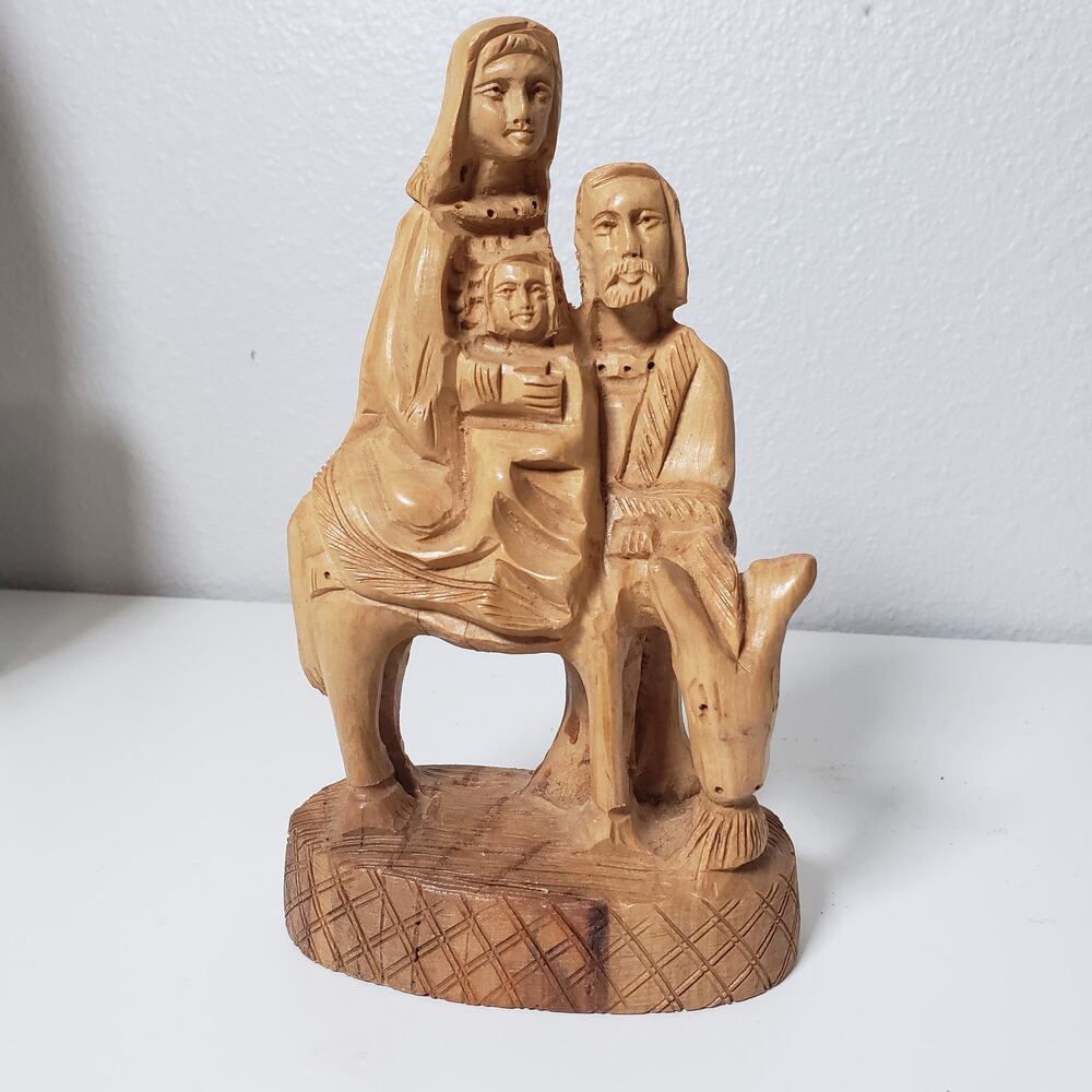 Olivewood Hand Carved‎ Holy Family On Donkey Wood Statue Made In Bethlehem